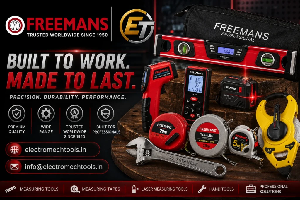 FREEMANS professional measuring tools including spirit levels, laser distance meters, measuring tapes and industrial hand tools supplied by Electromech Tools India.