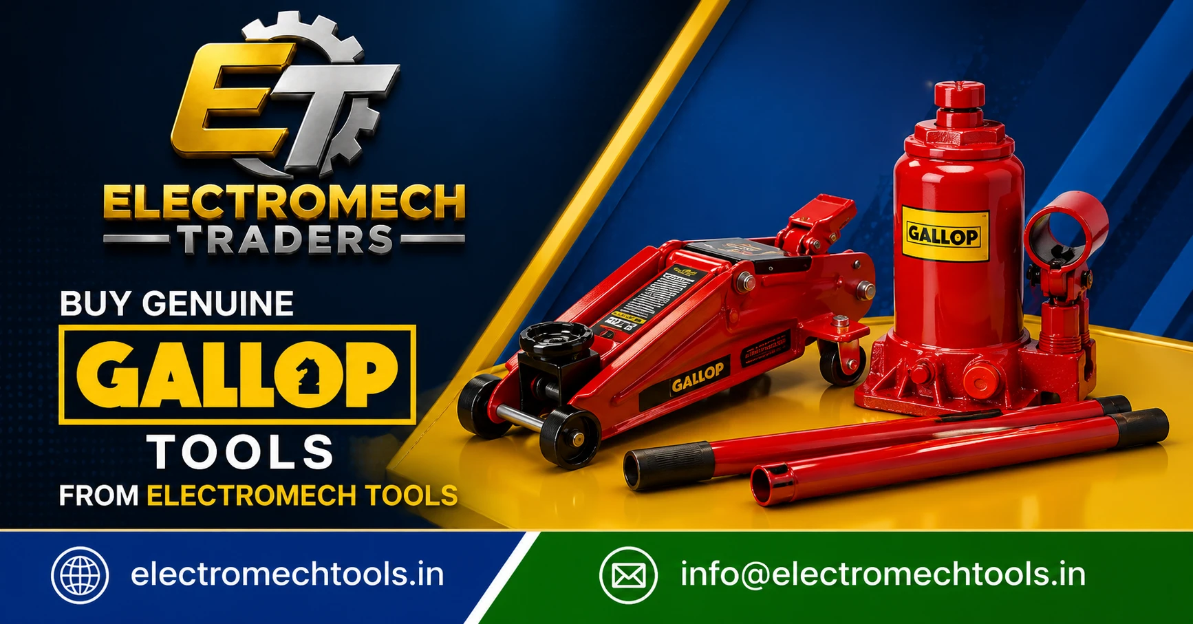 Buy Genuine Gallop Tools from Electromech Tools featuring Gallop hydraulic floor jack, bottle jack and lifting equipment for industrial and automotive applications.