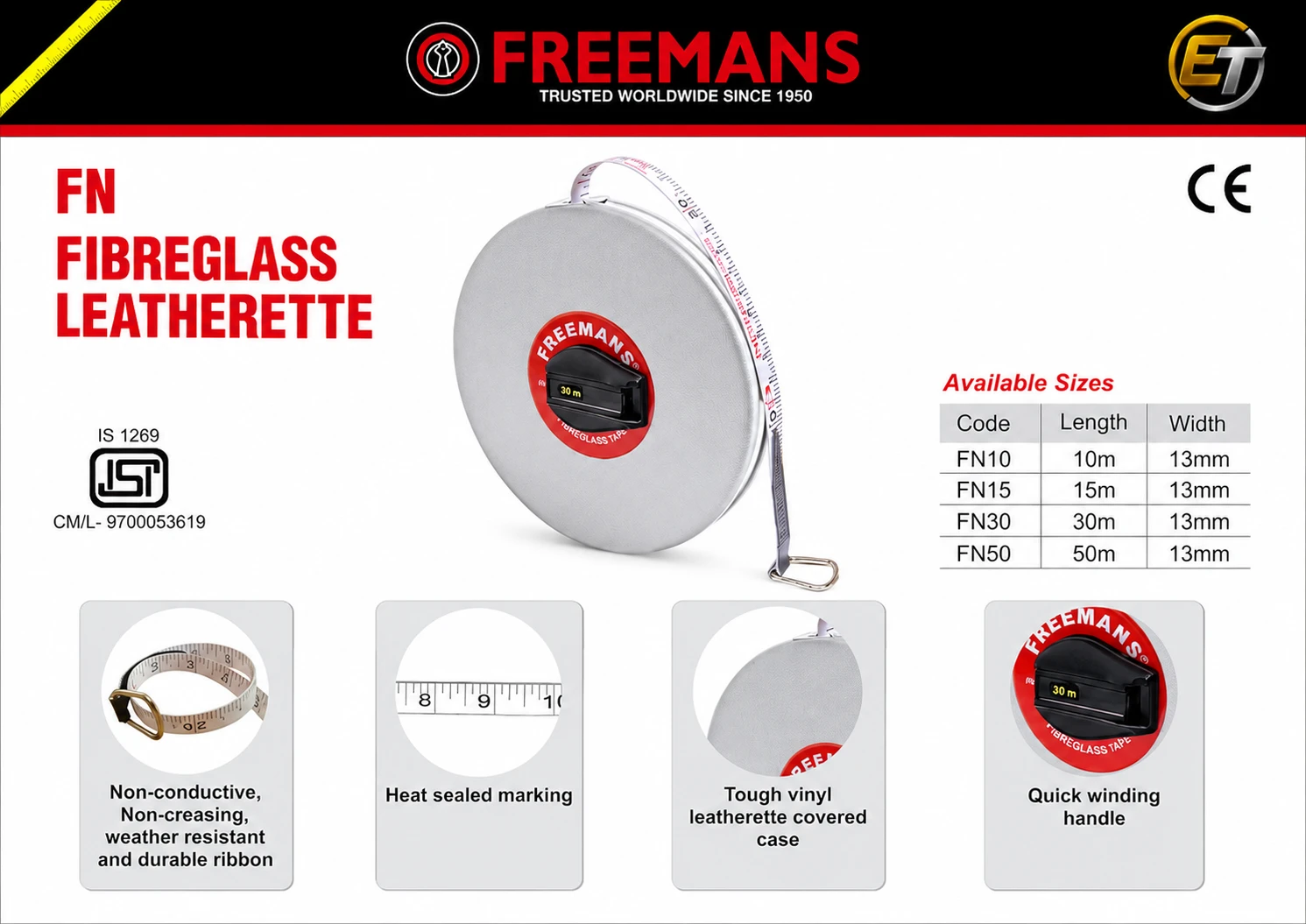 Best FREEMANS Leatherette Fibreglass Measuring Tape FN10, FN15, FN30 & FN50 | Electromech Tools FREEMANS Leatherette Fibreglass Measuring Tape