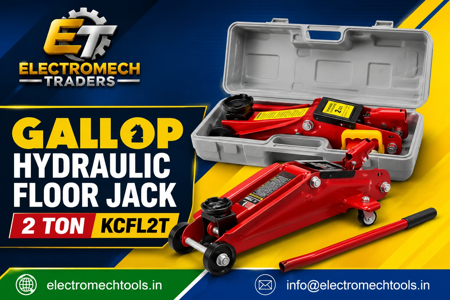 Gallop Hydraulic Floor Jack – 2 Ton (Model: KCFL2T) Gallop KCFL2T 2 Ton Hydraulic Floor Jack with PVC carry case available at Electromech Tools for automotive workshops, garages and professional vehicle lifting applications.