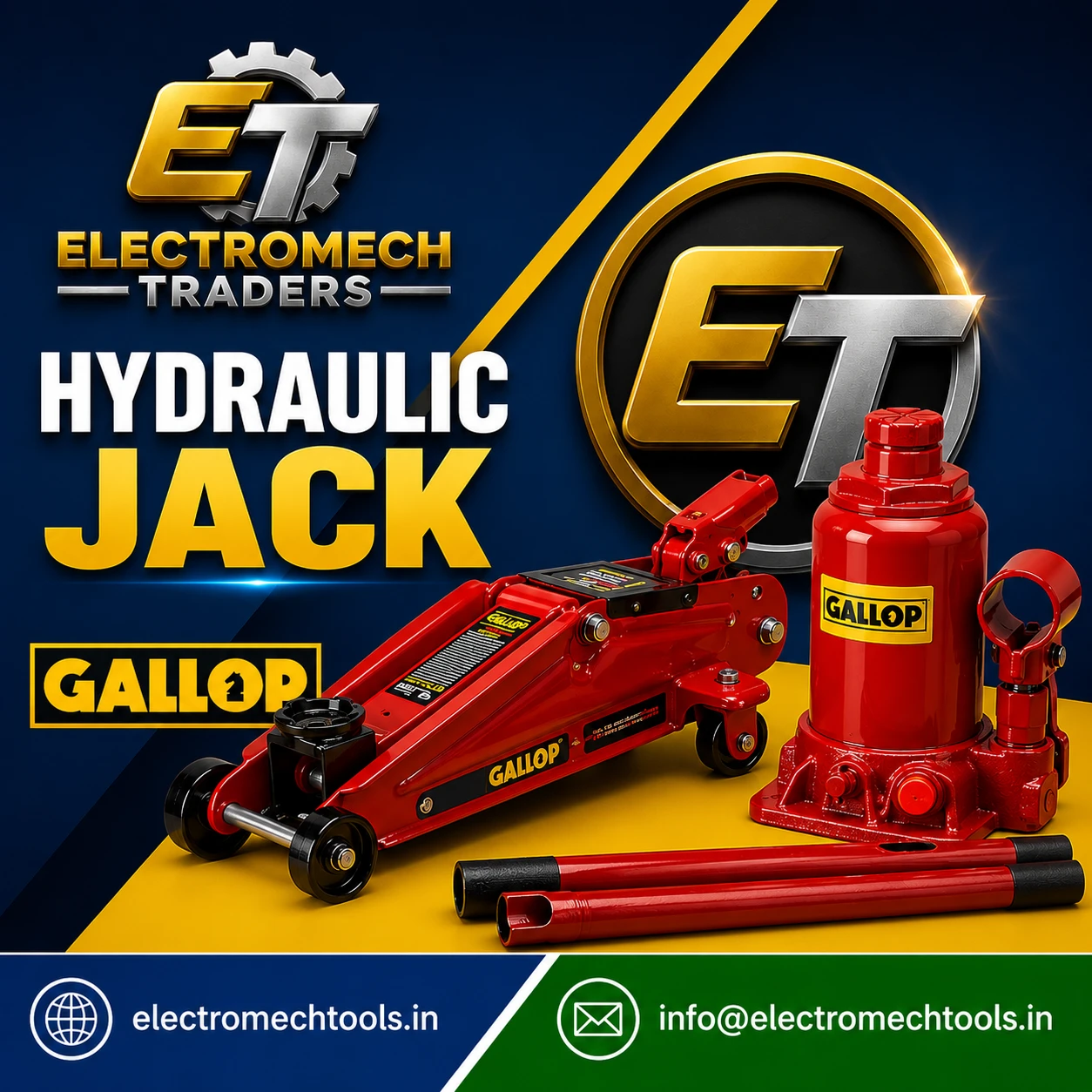 Hydraulic Jacks by Gallop Tools available at Electromech Tools featuring hydraulic floor jack and bottle jack for automotive, garage and industrial lifting applications.