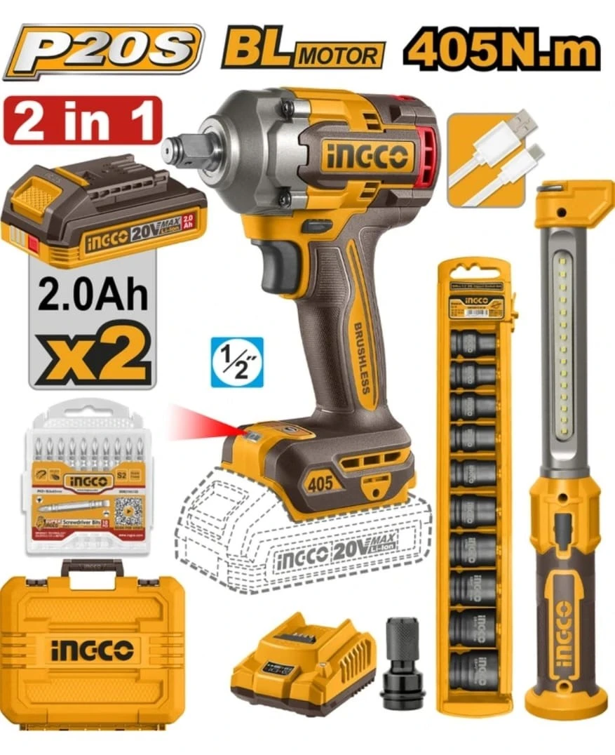 INGCO 20V Brushless Cordless Impact Wrench 405Nm - Electromech Tools INGCO 20V Brushless Cordless Impact Wrench 405Nm