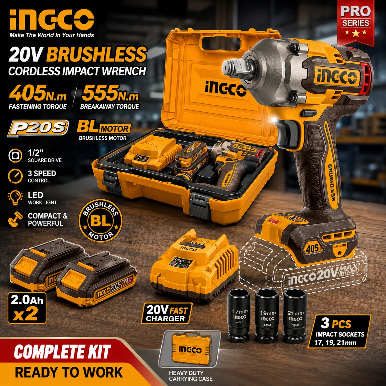 INGCO 20V Brushless Cordless Impact Wrench 405Nm - Electromech Tools INGCO 20V Brushless Cordless Impact Wrench 405Nm