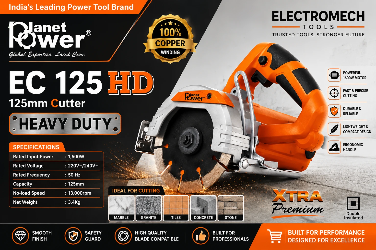 Planet Power EC 125 HD Marble Cutter | Heavy Duty 125mm Stone Cutting Machine Planet Power EC 125 HD 125mm Marble Cutter for cutting marble, granite, ceramic tiles, vitrified tiles, stone and concrete in professional construction applications.
