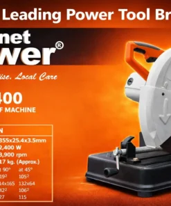 Planet Power PPC 2400 heavy-duty cut-off machine for cutting steel pipes, rods, angle bars and metal sections in fabrication workshops and industrial applications.